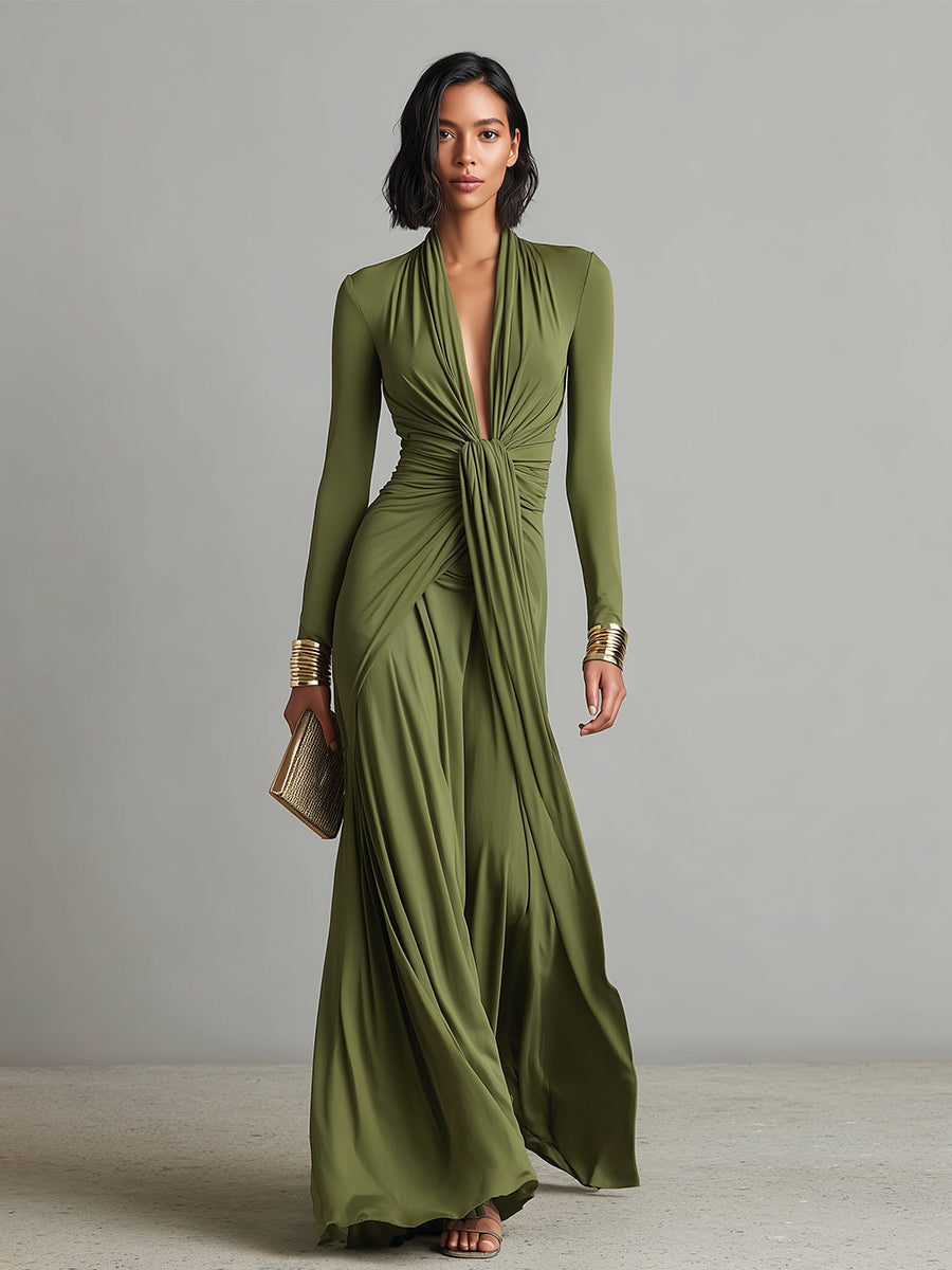 Mathilde | Oliv Seide Maxi Kleid V-Ausschnitt – Isabels Modehaus (Bild 4)