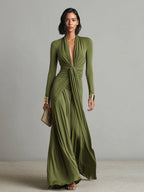Mathilde | Oliv Seide Maxi Kleid V-Ausschnitt – Isabels Modehaus (Bild 4)