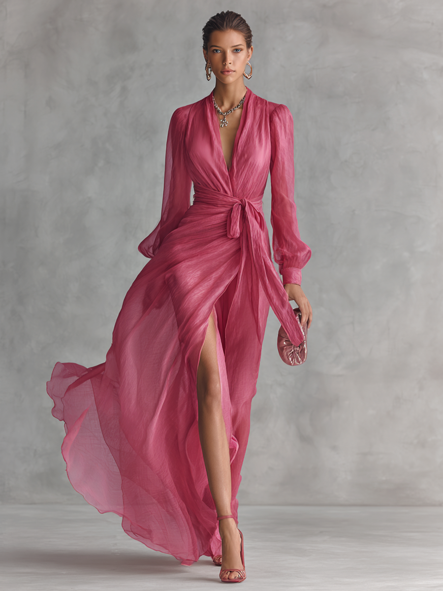 Ingeborg | Roze Chiffon Jurk V-Hals – Isabels Modehaus (Bild 2)