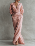 Anneliese | Rosa Leinen Maxi Kleid V-Hals – Isabels Modehaus