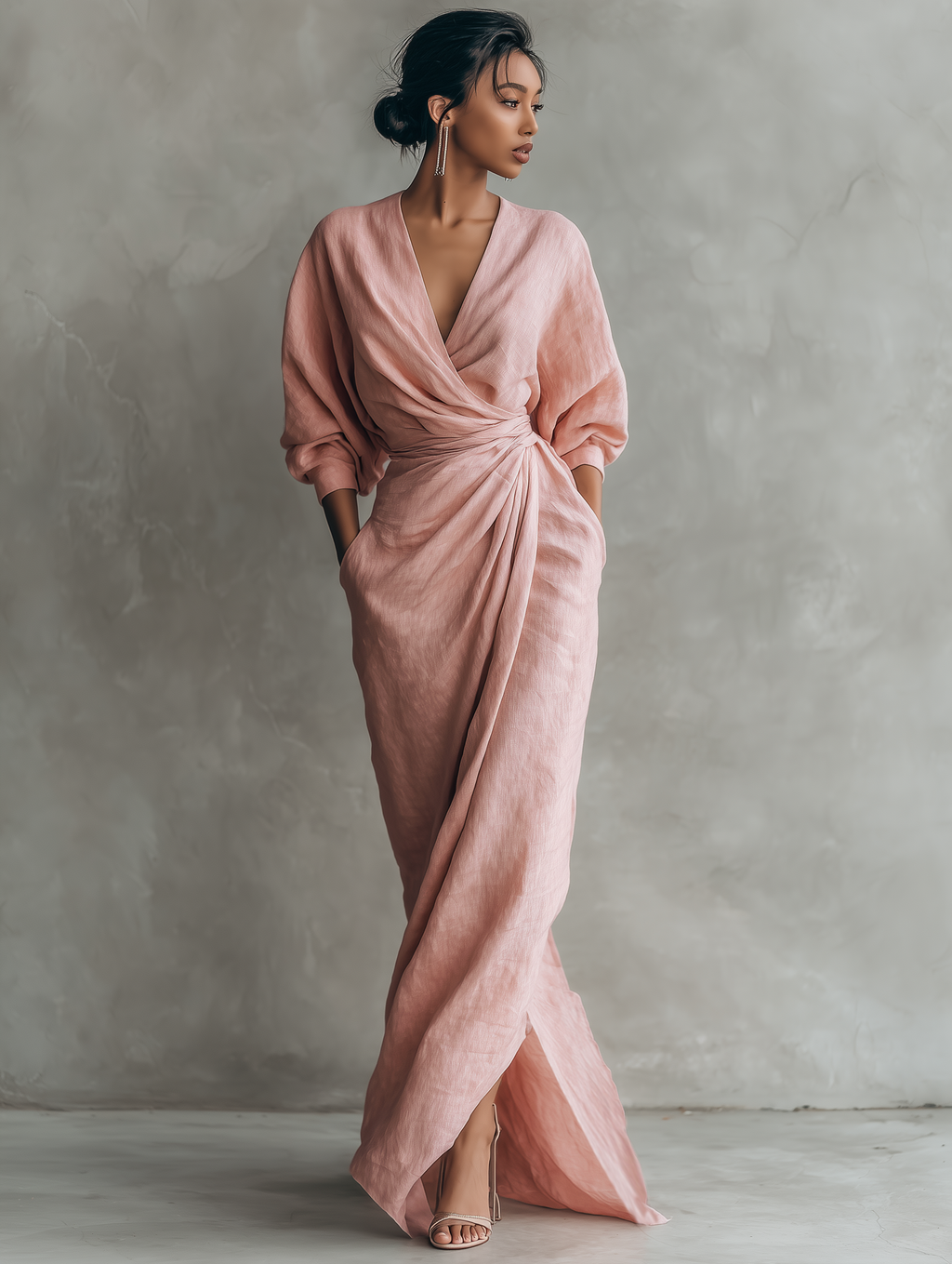 Anneliese | Rosa Leinen Maxi Kleid V-Hals – Isabels Modehaus (Bild 5)