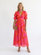 Willow | Blumiger V-Ausschnitt Midi-Kleid mit Puffärmeln – Isabels Modehaus