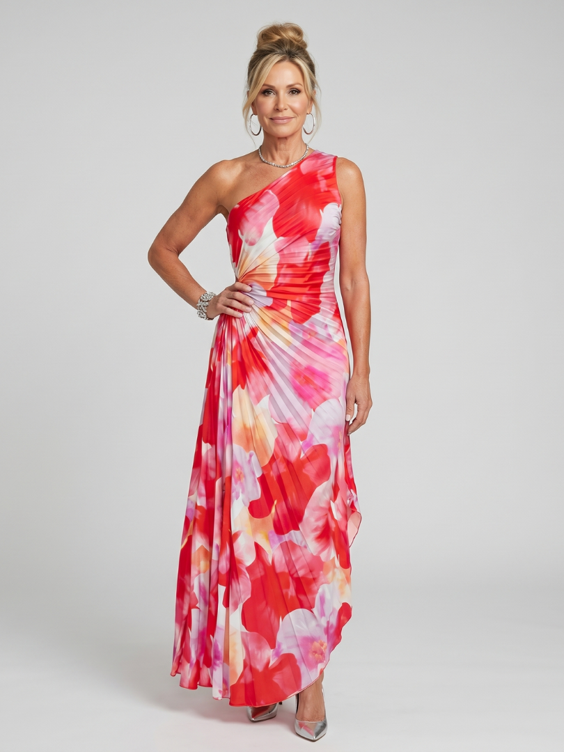 Taya | Ein Schulter Faltenrock Midi Kleid – Isabels Modehaus