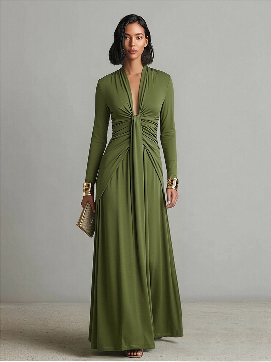Mathilde | Oliv Seide Maxi Kleid V-Ausschnitt – Isabels Modehaus (Bild 5)