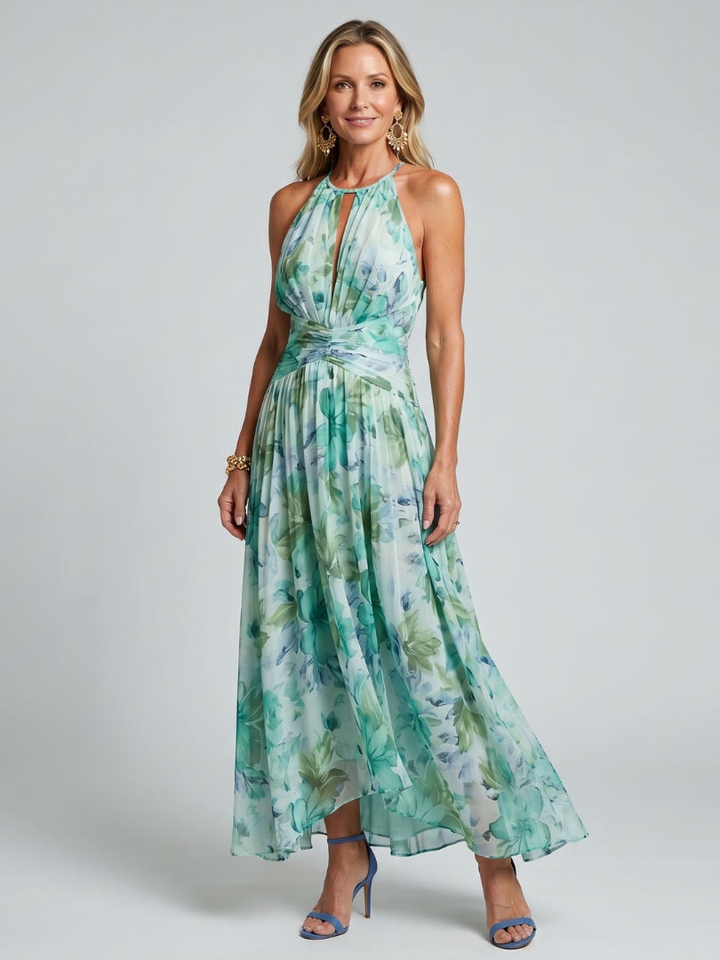 Portia | Plissiertes Halterkleid mit weichem Blumenmuster in Midi-Länge – Isabels Modehaus