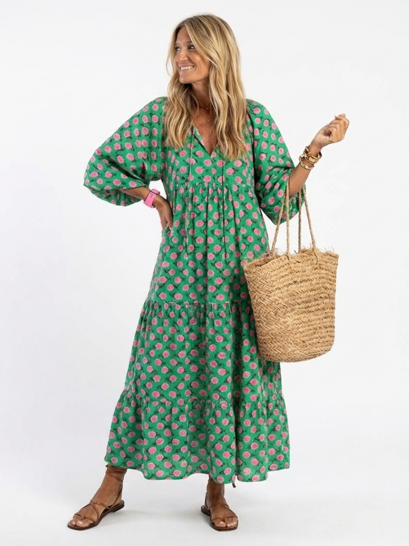 Fiora | Floral Print V-Ausschnitt Stufen Midi Kleid – Isabels Modehaus