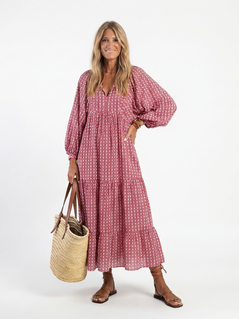 Arlette | Geometrisches Druck Midi-Kleid mit langen Ärmeln – Isabels Modehaus