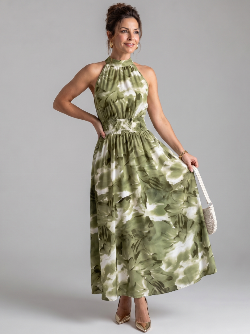 Olivia | Midikleid mit geraffter Taille und abstraktem Druck – Isabels Modehaus