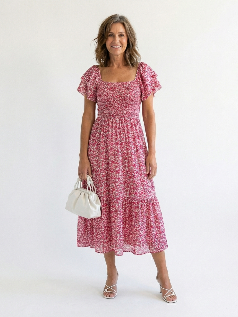 Odette | Off-Shoulder Blumen Smocked Midi Kleid – Isabels Modehaus