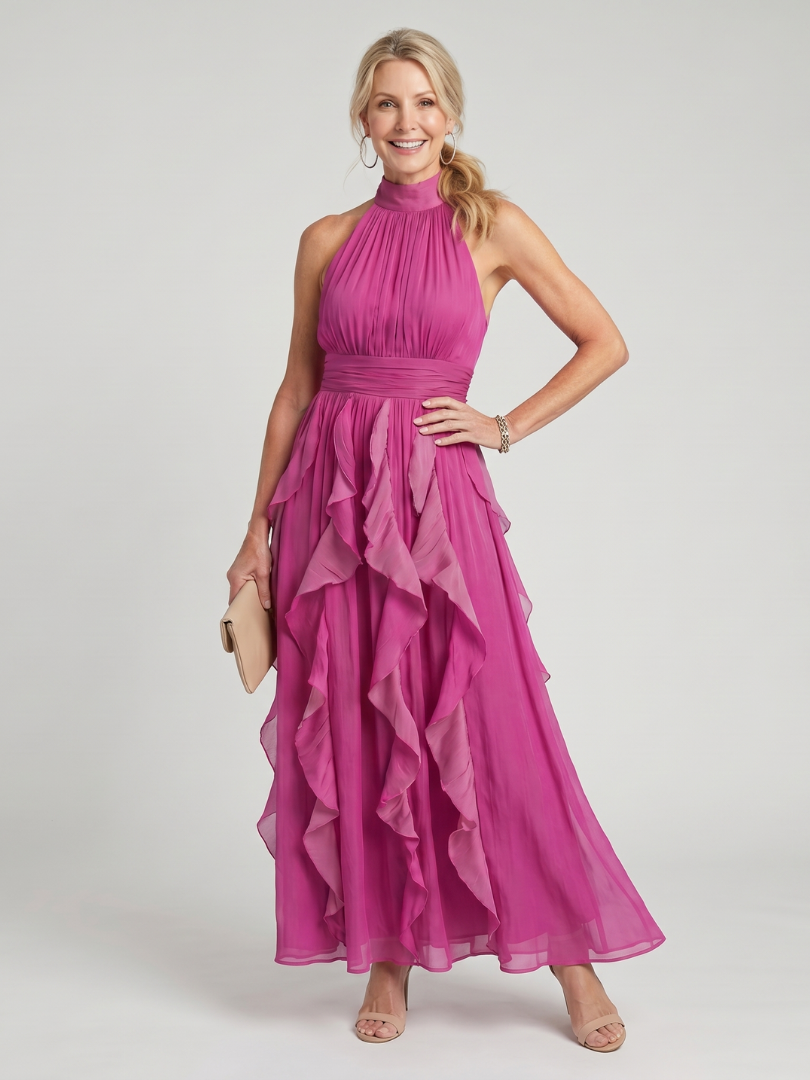 Orea | Maxikleid mit hochgeschlossenem, gerafftem Rüschensaum – Isabels Modehaus