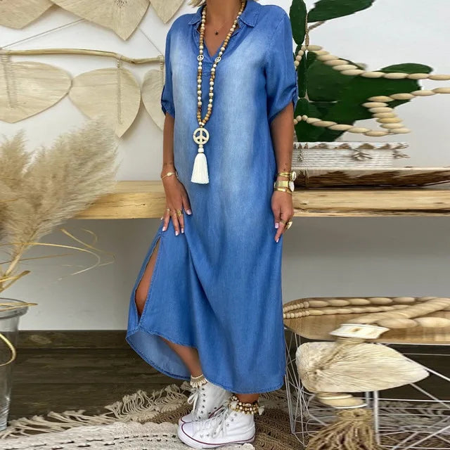 Andrea™ – Langes Kleid in Jeansoptik mit Seitenschlitz – Isabels Modehaus