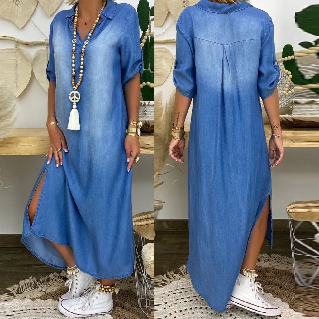 Andrea™ – Langes Kleid in Jeansoptik mit Seitenschlitz – Isabels Modehaus (Bild 2)