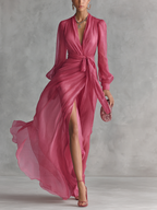 Ingeborg | Roze Chiffon Jurk V-Hals – Isabels Modehaus