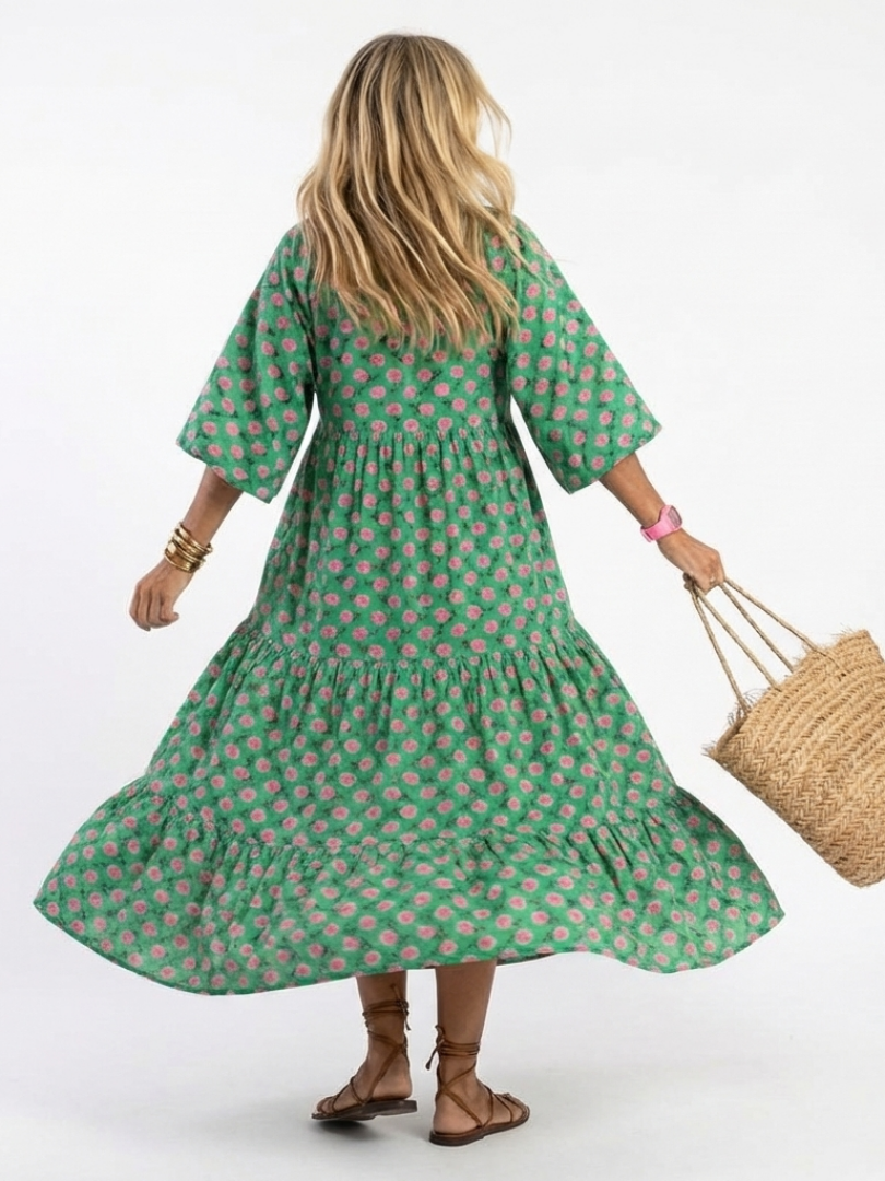 Fiora | Floral Print V-Ausschnitt Stufen Midi Kleid – Isabels Modehaus (Bild 3)