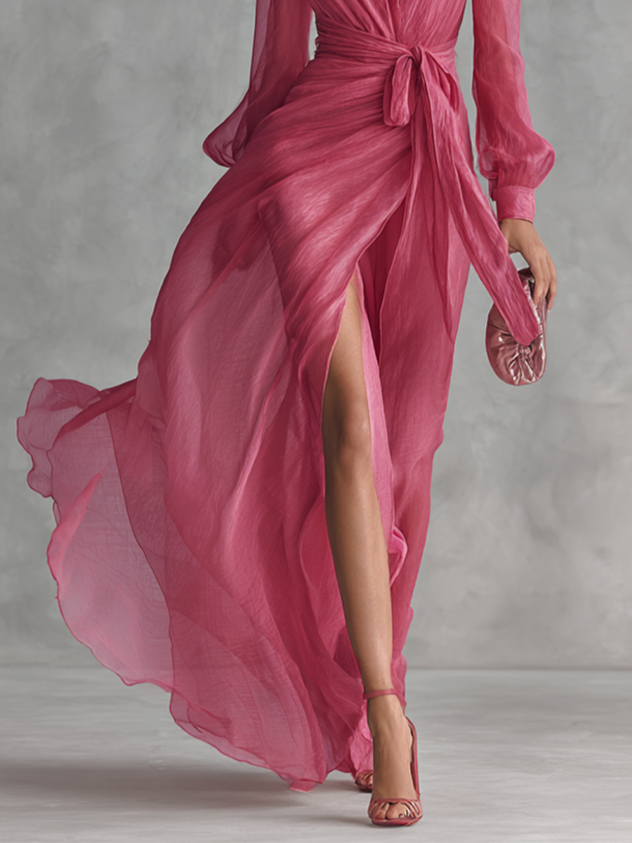 Ingeborg | Roze Chiffon Jurk V-Hals – Isabels Modehaus (Bild 4)