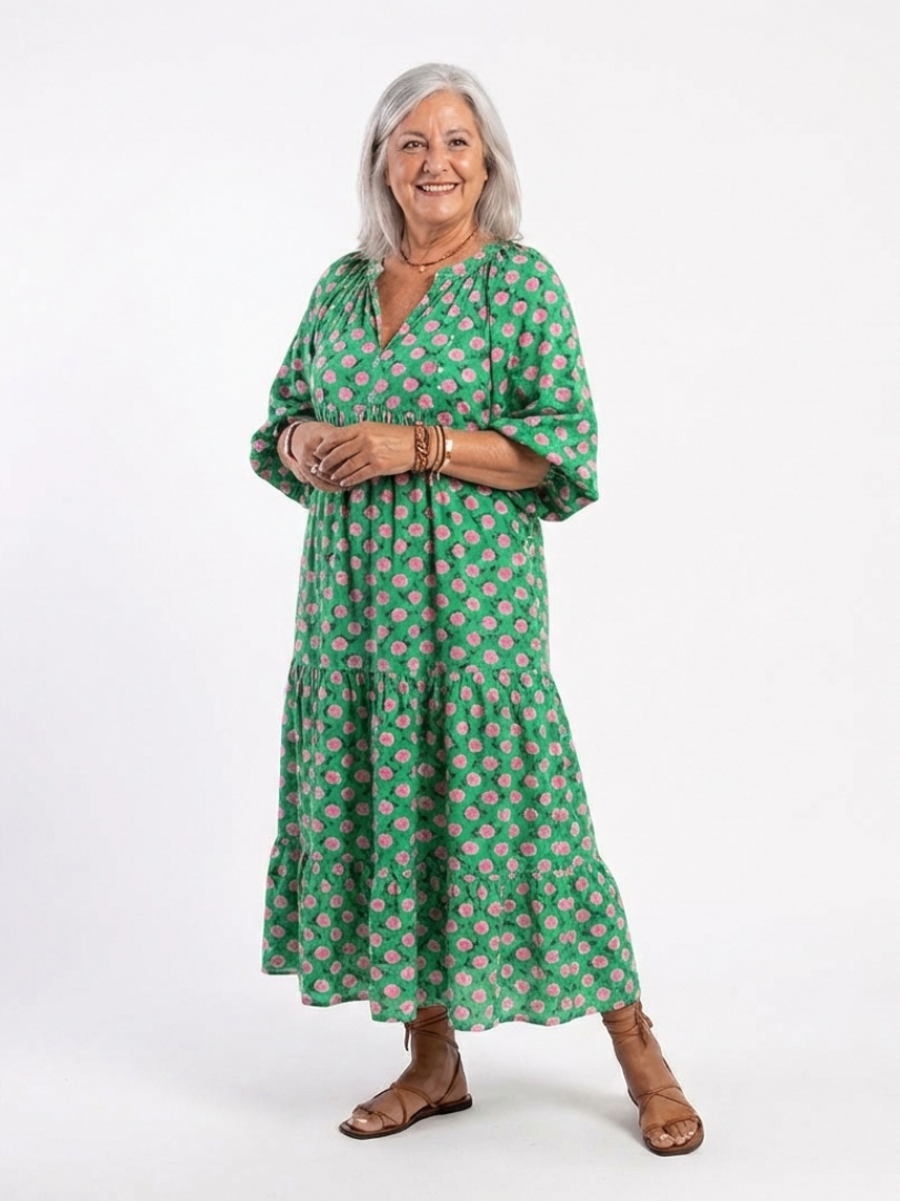 Fiora | Floral Print V-Ausschnitt Stufen Midi Kleid – Isabels Modehaus (Bild 4)