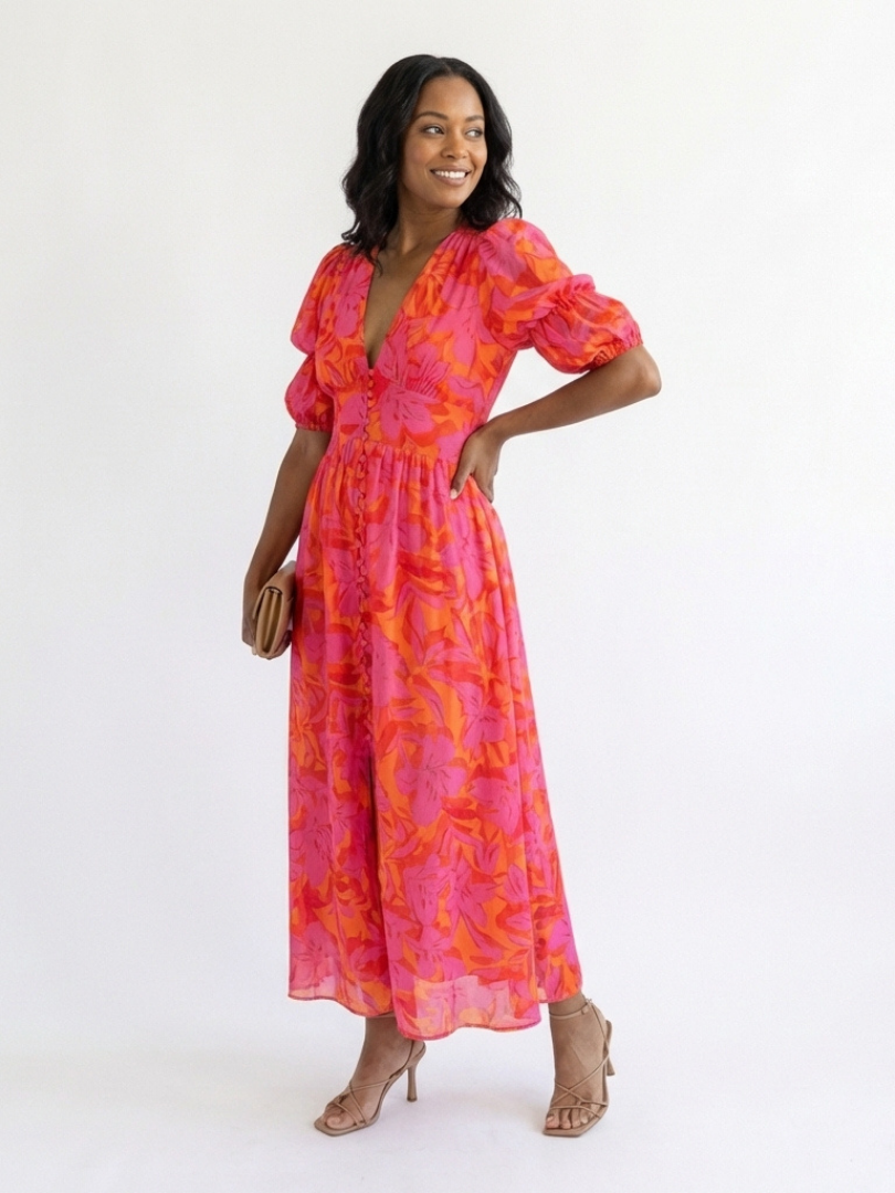 Willow | Blumiger V-Ausschnitt Midi-Kleid mit Puffärmeln – Isabels Modehaus (Bild 5)