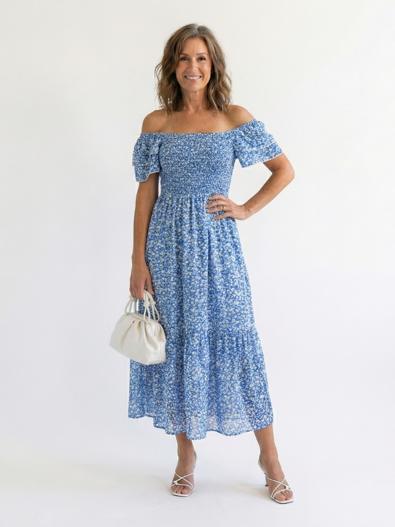 Odette | Off-Shoulder Blumen Smocked Midi Kleid – Isabels Modehaus (Bild 5)