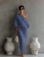 Ximena | Elfenbein Leinen Kleid Schulterfrei – Isabels Modehaus (Bild 3)