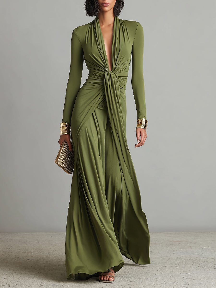 Mathilde | Oliv Seide Maxi Kleid V-Ausschnitt – Isabels Modehaus