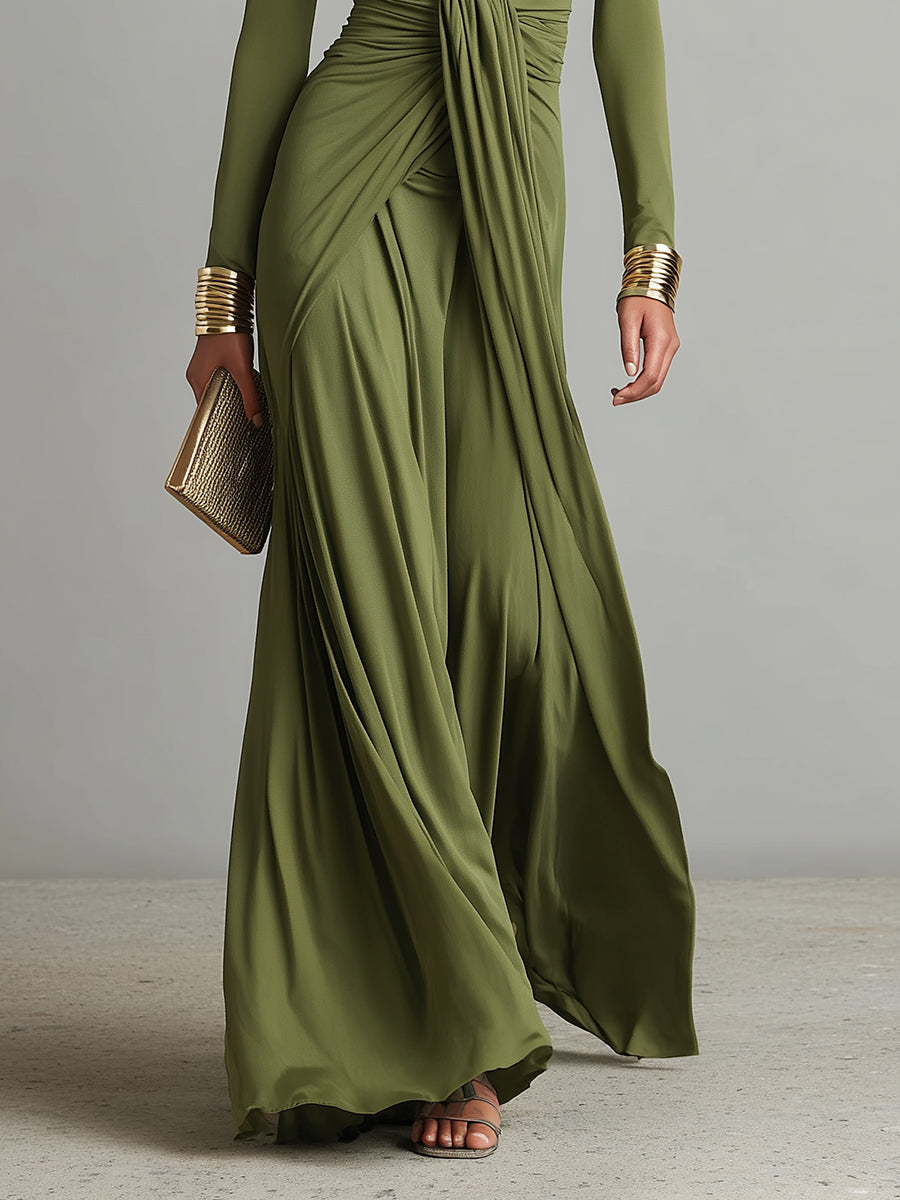 Mathilde | Oliv Seide Maxi Kleid V-Ausschnitt – Isabels Modehaus (Bild 3)