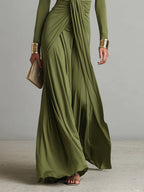 Mathilde | Oliv Seide Maxi Kleid V-Ausschnitt – Isabels Modehaus (Bild 3)