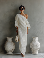 Ximena | Elfenbein Leinen Kleid Schulterfrei – Isabels Modehaus (Bild 7)