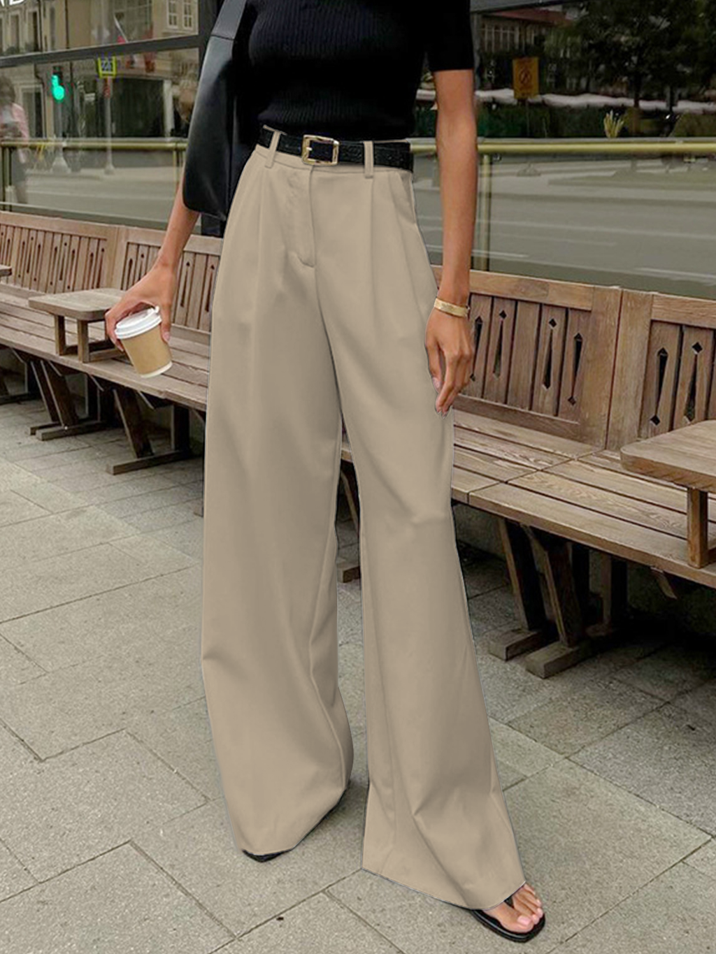 Nathalie | Weite Stoffhose in Uni-Farbe (ohne Gürtel)