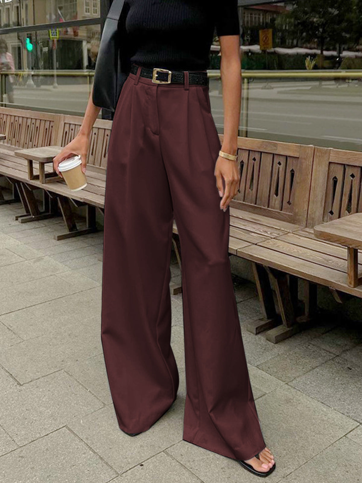 Nathalie | Weite Stoffhose in Uni-Farbe (ohne Gürtel)