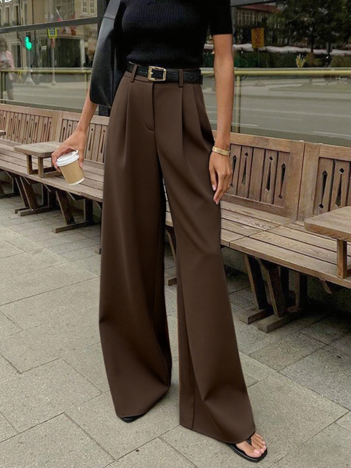 Nathalie | Weite Stoffhose in Uni-Farbe (ohne Gürtel)