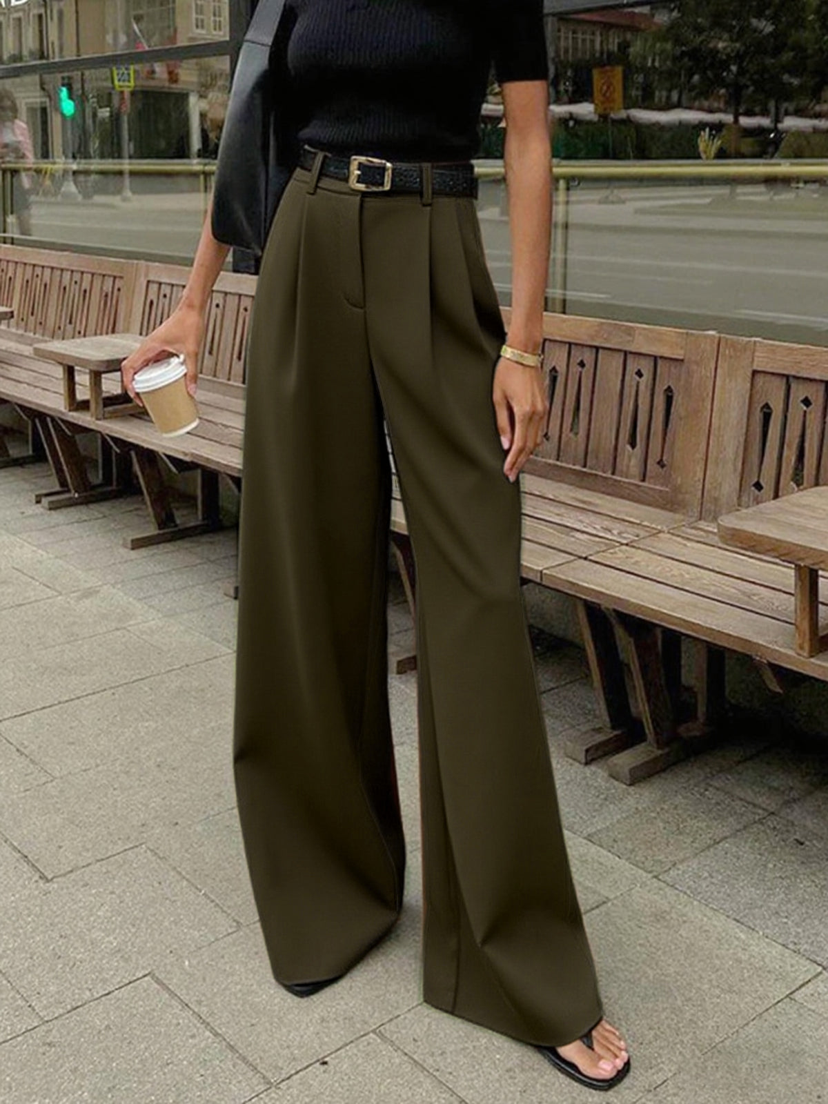 Nathalie | Weite Stoffhose in Uni-Farbe (ohne Gürtel)