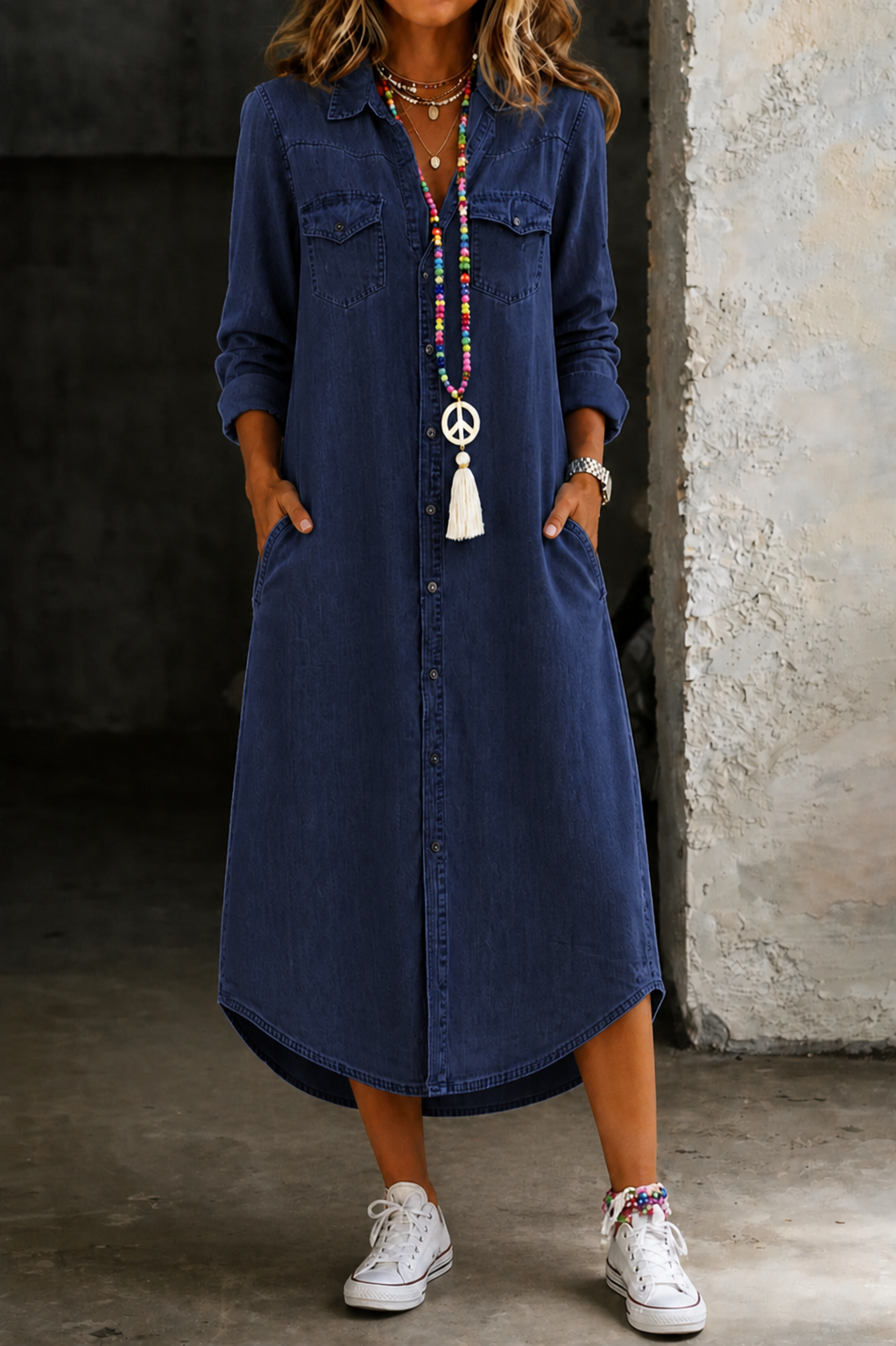 Helen | Lässiges elegantes langes Denim-Hemdkleid – Isabels Modehaus