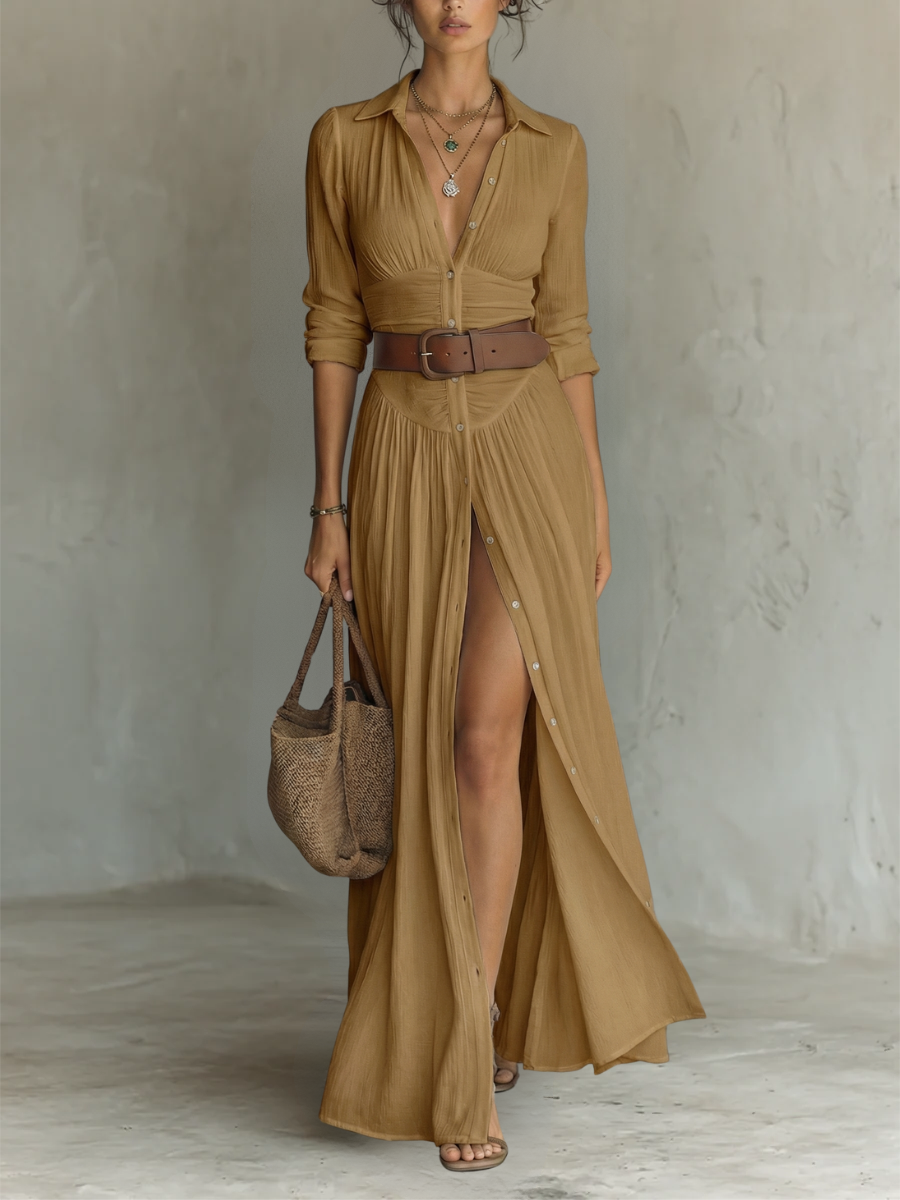 Ursula | Leinen Maxikleid Reverskragen Langarm – Isabels Modehaus (Bild 6)