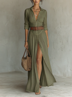Ursula | Leinen Maxikleid Reverskragen Langarm – Isabels Modehaus (Bild 5)