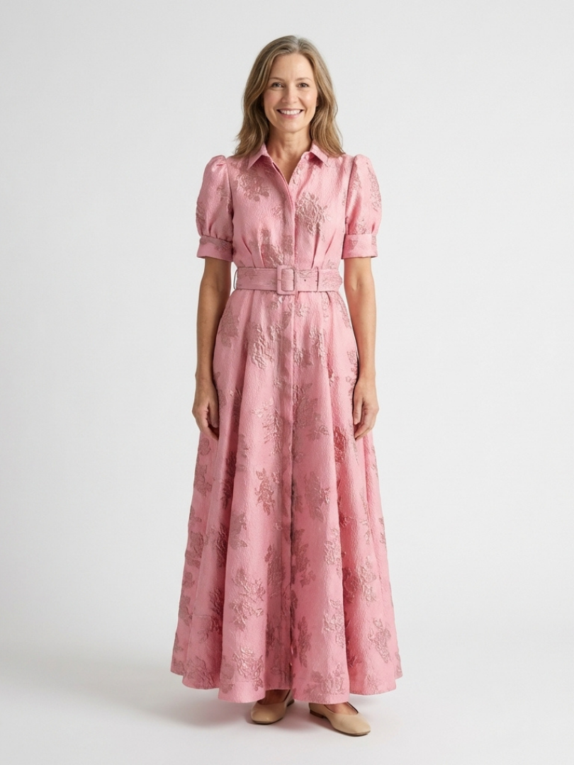 Xanthea | Kurzärmeliges, gebundenes, floral strukturiertes Maxikleid – Isabels Modehaus
