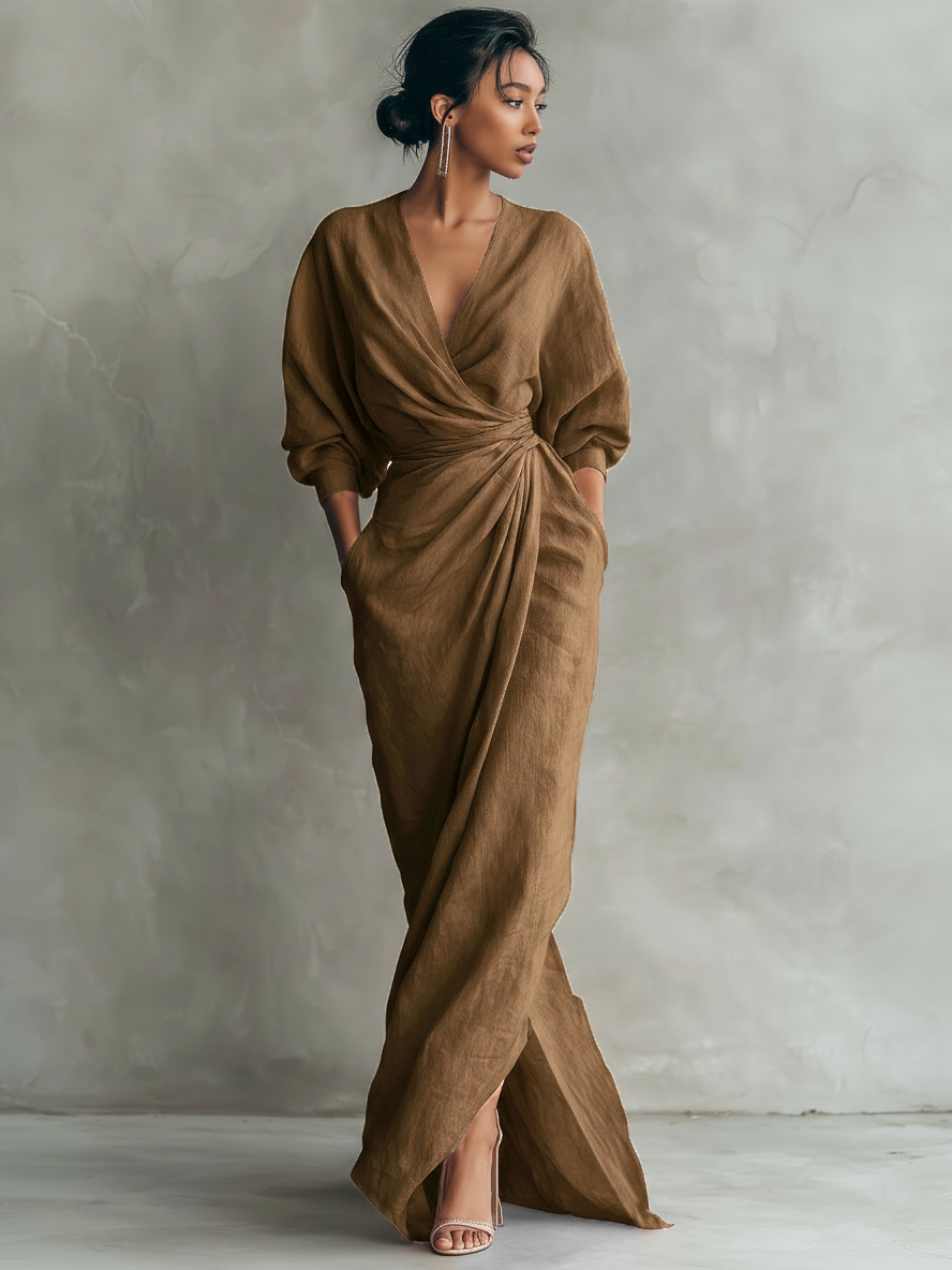 Anneliese | Rosa Leinen Maxi Kleid V-Hals – Isabels Modehaus (Bild 3)