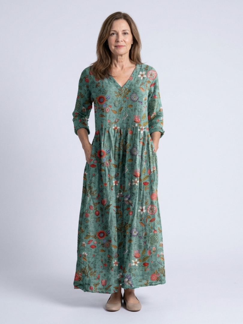 Marina | Florales V-Ausschnitt Maxikleid mit Dreiviertelärmel – Isabels Modehaus