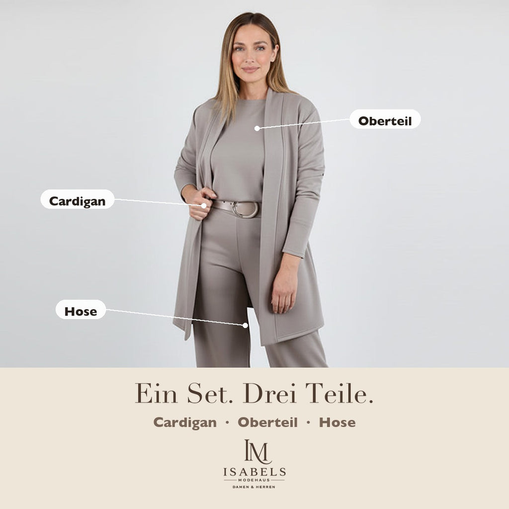 Dreiteiliges Lounge-Set: Cardigan, Oberteil und Hose