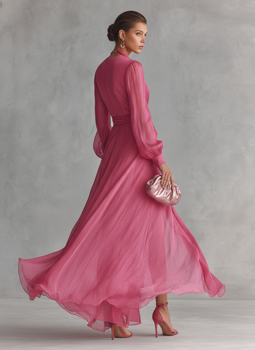 Ingeborg | Roze Chiffon Jurk V-Hals – Isabels Modehaus (Bild 5)