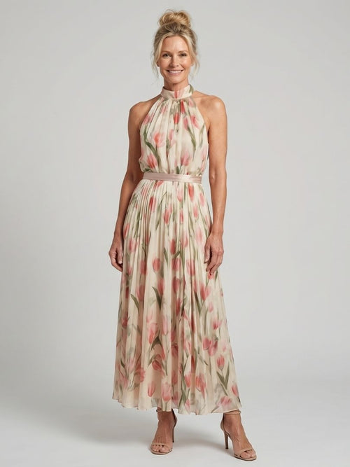 Aurelle | Halter Neck Floral Midi Kleid – Isabels Modehaus