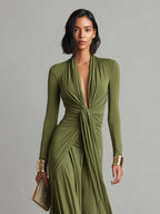 Mathilde | Oliv Seide Maxi Kleid V-Ausschnitt – Isabels Modehaus (Bild 2)