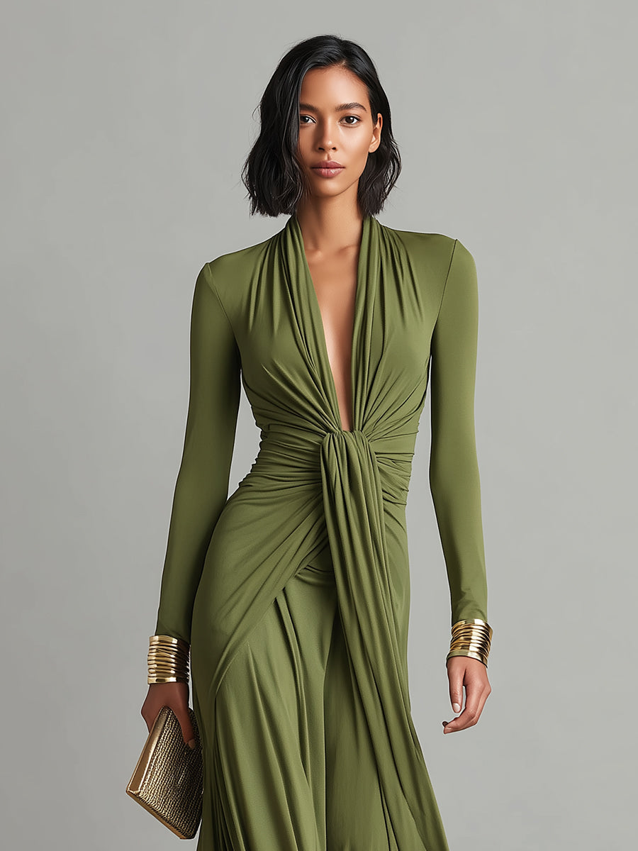 Mathilde | Oliv Seide Maxi Kleid V-Ausschnitt – Isabels Modehaus (Bild 2)