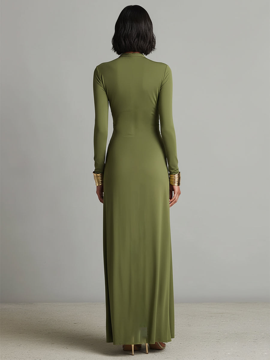 Mathilde | Oliv Seide Maxi Kleid V-Ausschnitt – Isabels Modehaus (Bild 6)