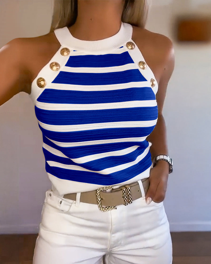 Nadet | Damen Tanktop ärmellos mit Neckholder, Streifen und goldenen Knöpfen