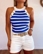 Nadet | Damen Tanktop ärmellos mit Neckholder, Streifen und goldenen Knöpfen