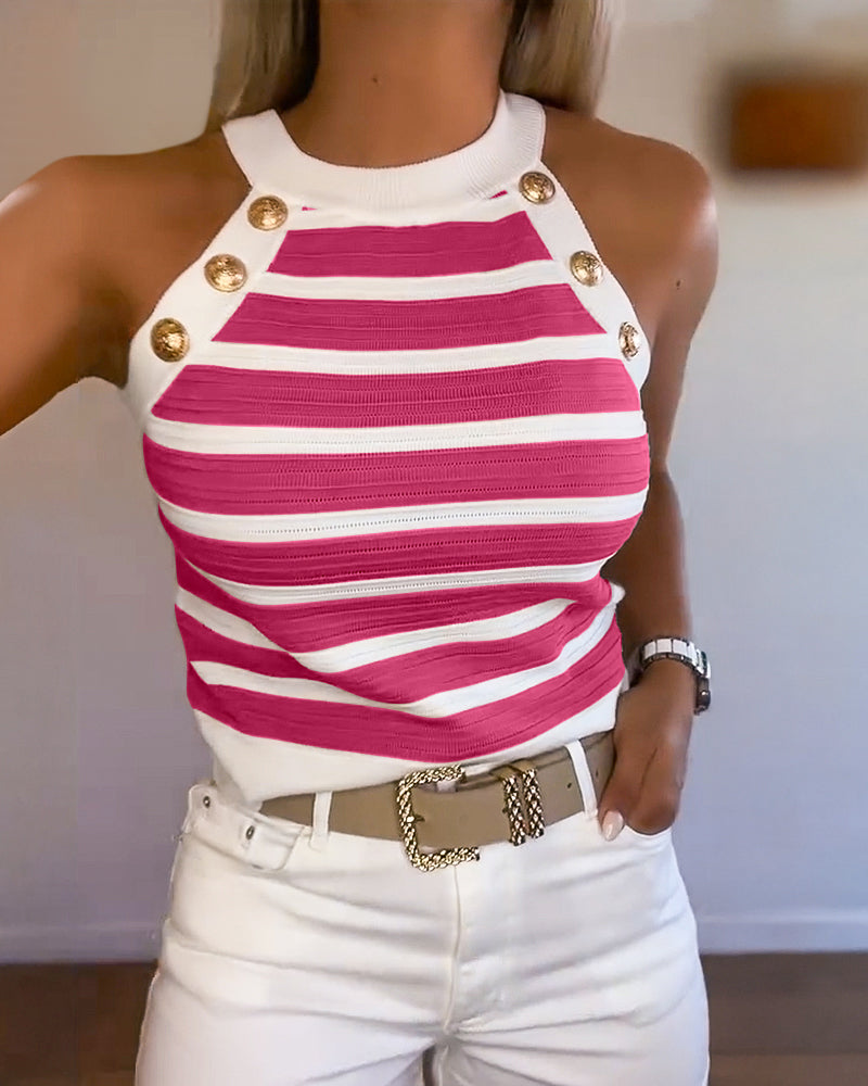Nadet | Damen Tanktop ärmellos mit Neckholder, Streifen und goldenen Knöpfen