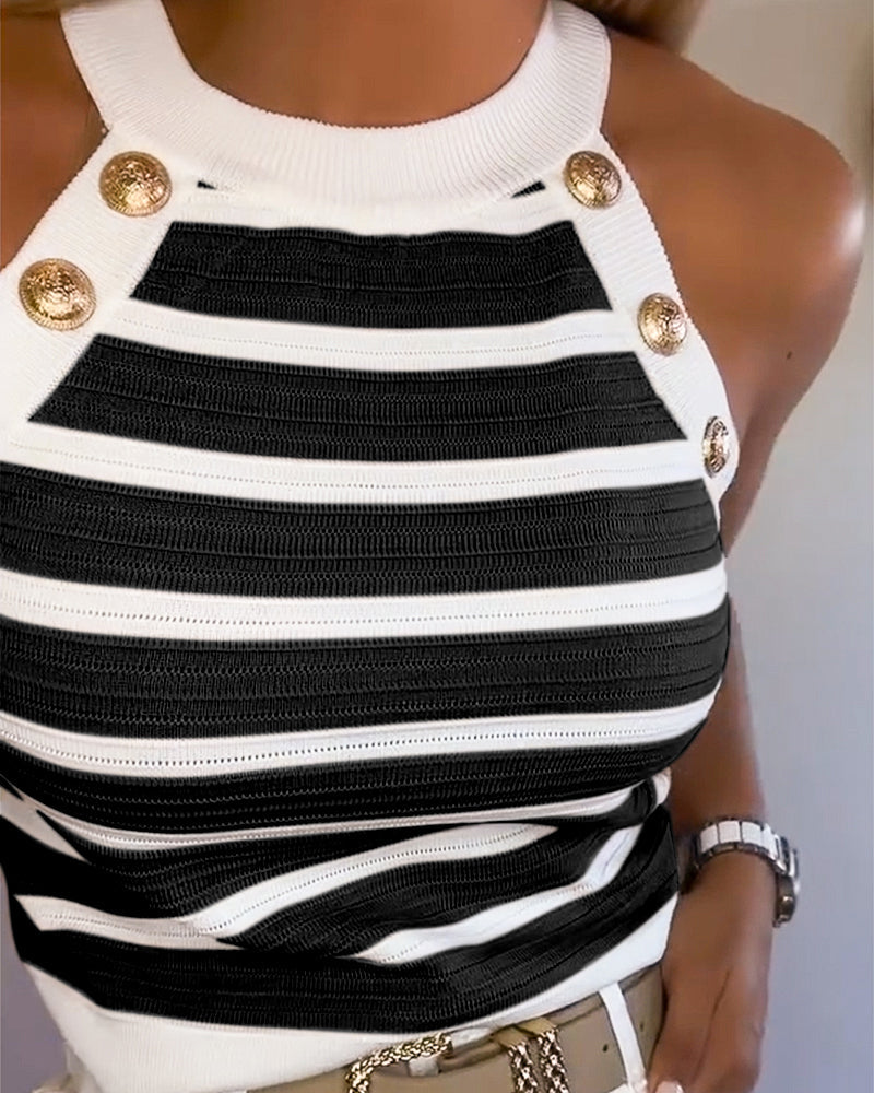 Nadet | Damen Tanktop ärmellos mit Neckholder, Streifen und goldenen Knöpfen