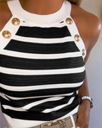 Nadet | Damen Tanktop ärmellos mit Neckholder, Streifen und goldenen Knöpfen