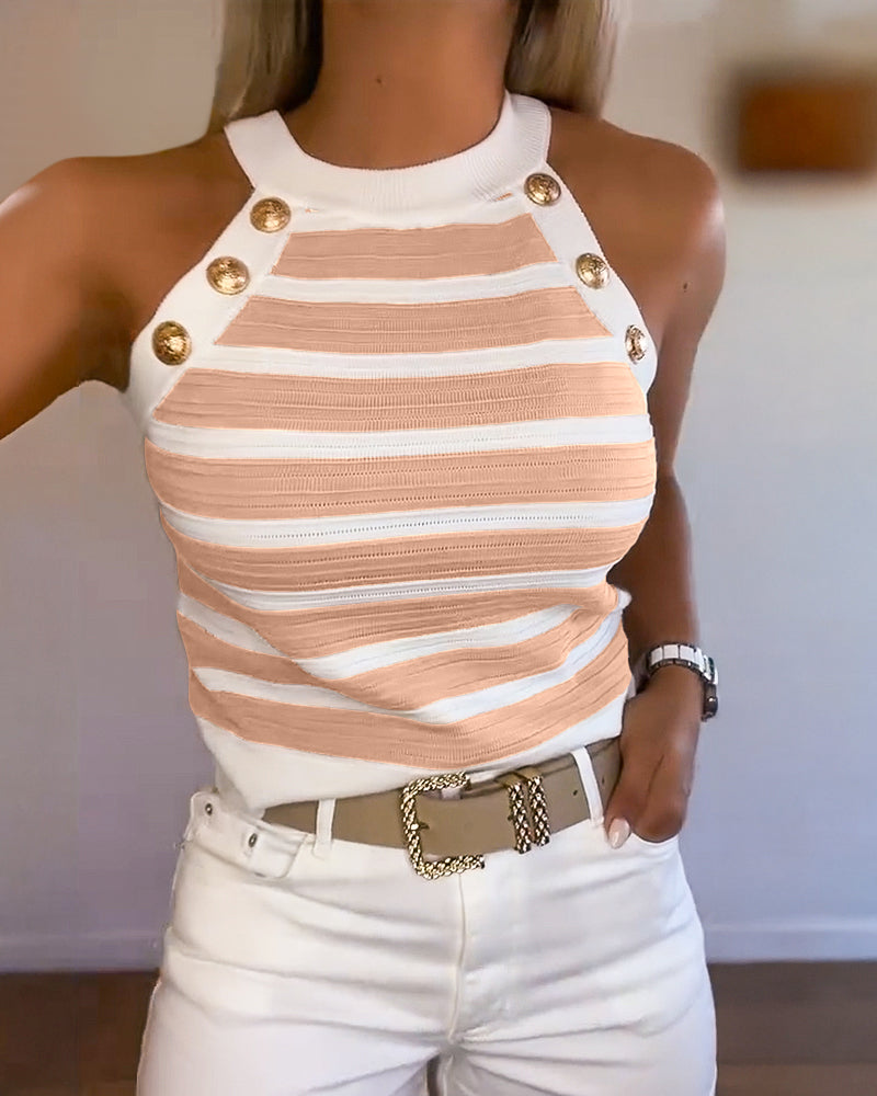 Nadet | Damen Tanktop ärmellos mit Neckholder, Streifen und goldenen Knöpfen