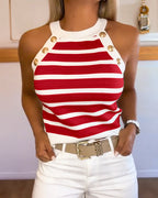 Nadet | Damen Tanktop ärmellos mit Neckholder, Streifen und goldenen Knöpfen